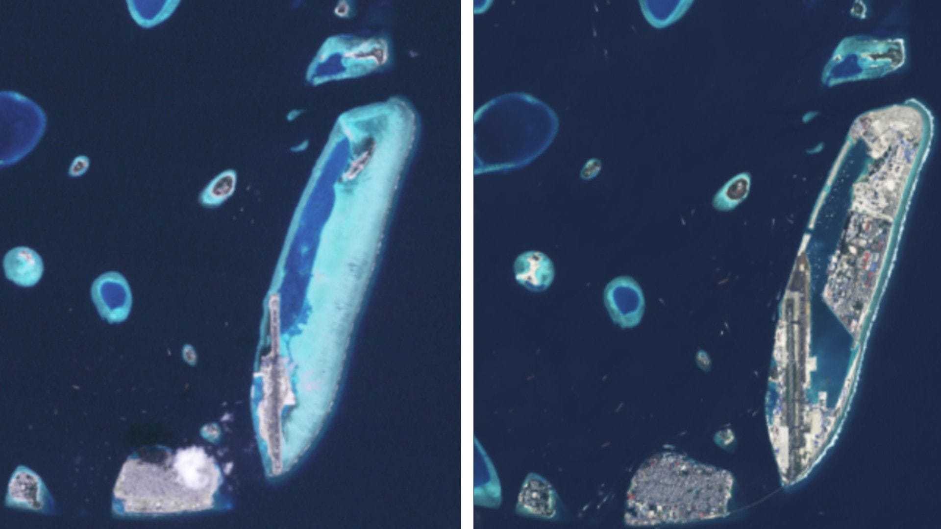 Landgewinnung rund um Malé: Links eine Satellitenaufnahme aus dem Jahr 1997, rechts eine aus dem Jahr 2020.