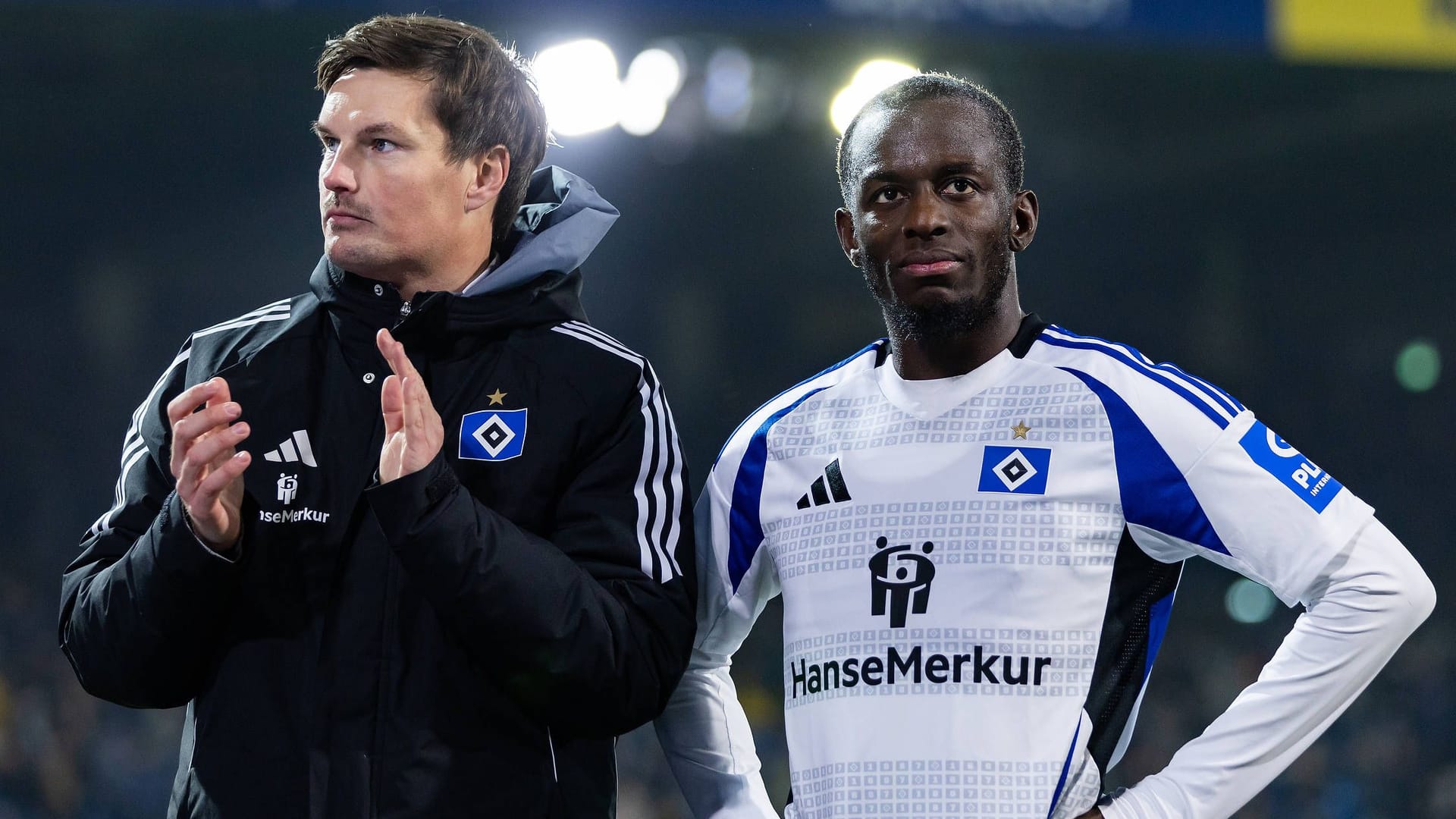 Merlin Polzin (links) und Jean-Luc Dompé: Der Interimscoach bekommt eine weitere Chance auf der Trainerbank des HSV.