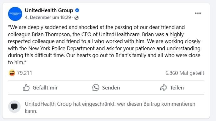 Facebook-Beitrag von United Health: Die Kommentare sind deaktiviert.