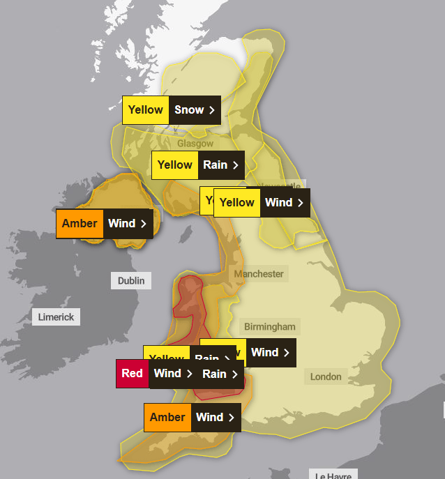 Die Wetterwarnkarte über Großbritannien: Die nationale Wetterbehörde warnt fast im ganzen Königreich vor Unwettern.