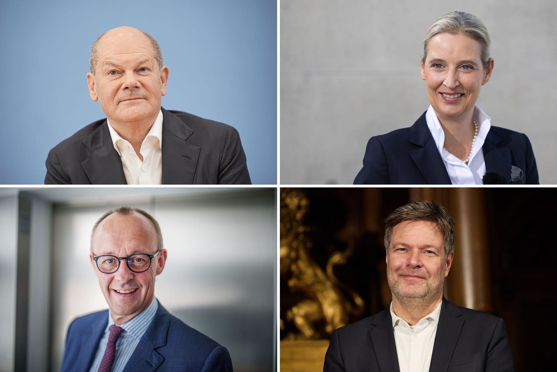 Die Kanzlerkandidaten Olaf Scholz (SPD), Alice Weidel (AfD), Friedrich Merz (CDU/CSU), Robert Habeck (Grüne).