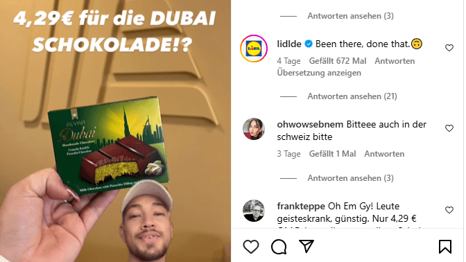 So sieht sie aus: die Dubai-Schokoladen-Edition von Aldi Süd. Lidl postete einen Kommentar (rechts).