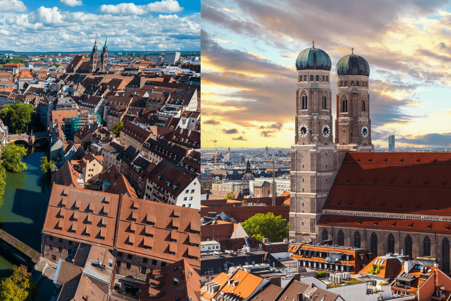 Die Innenstädte von Nürnberg (l.) und München (r.): Beide Städte sucht man unter den Spitzenplätzen vergebens.