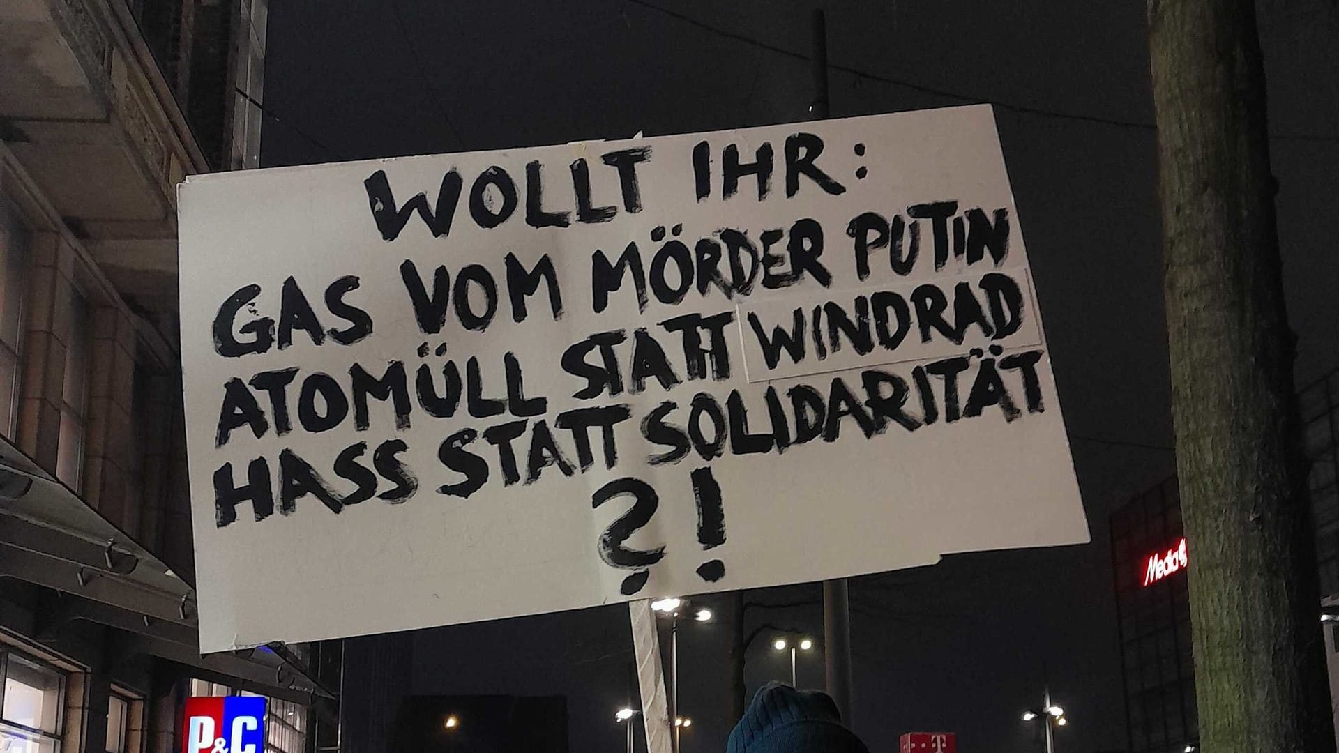 Ein Demonstrant mit Plakat auf der Mönckebergstraße