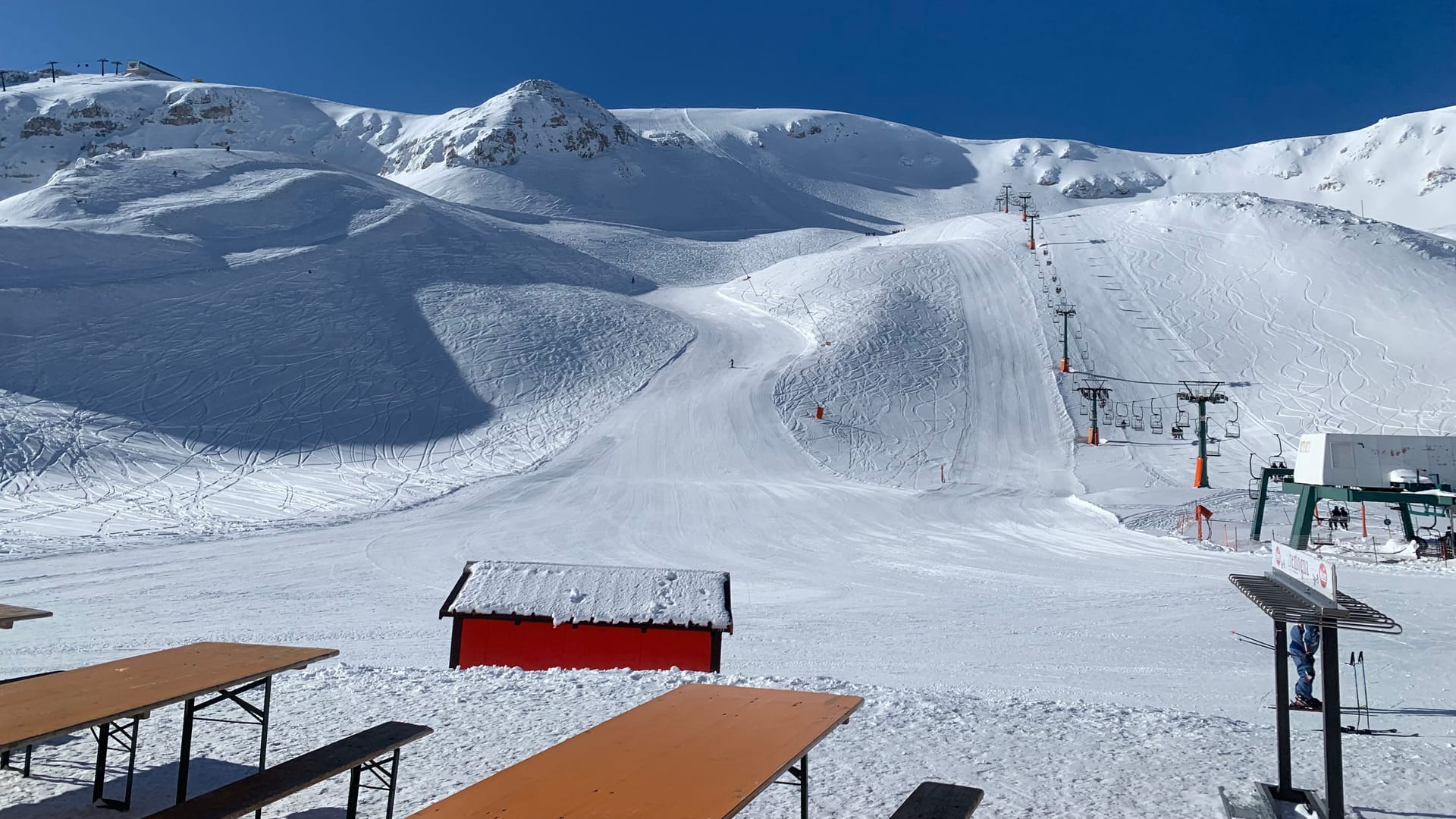 Roccaraso, Italy - January 30, 2023: The ski slope and chairlift of Piano Aremogna