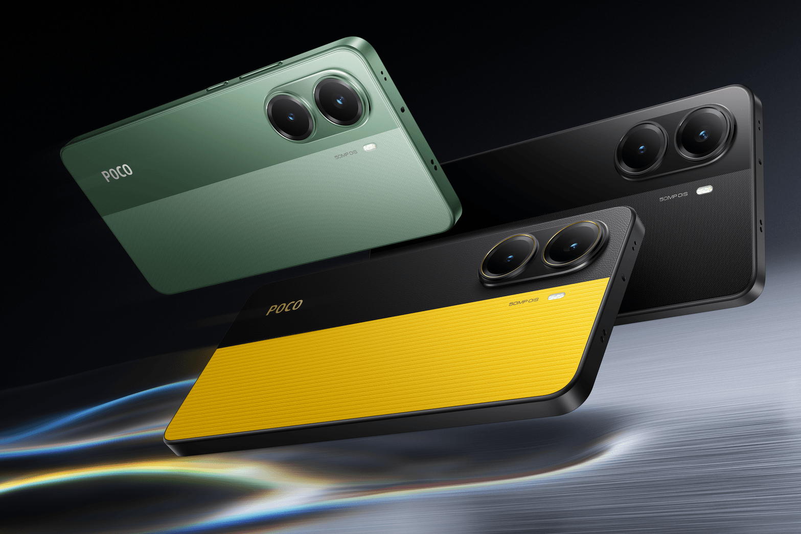 Poco X7 Pro: Das Spitzenmodell der Serie ist in Schwarz, Grün und Gelb erhältlich.