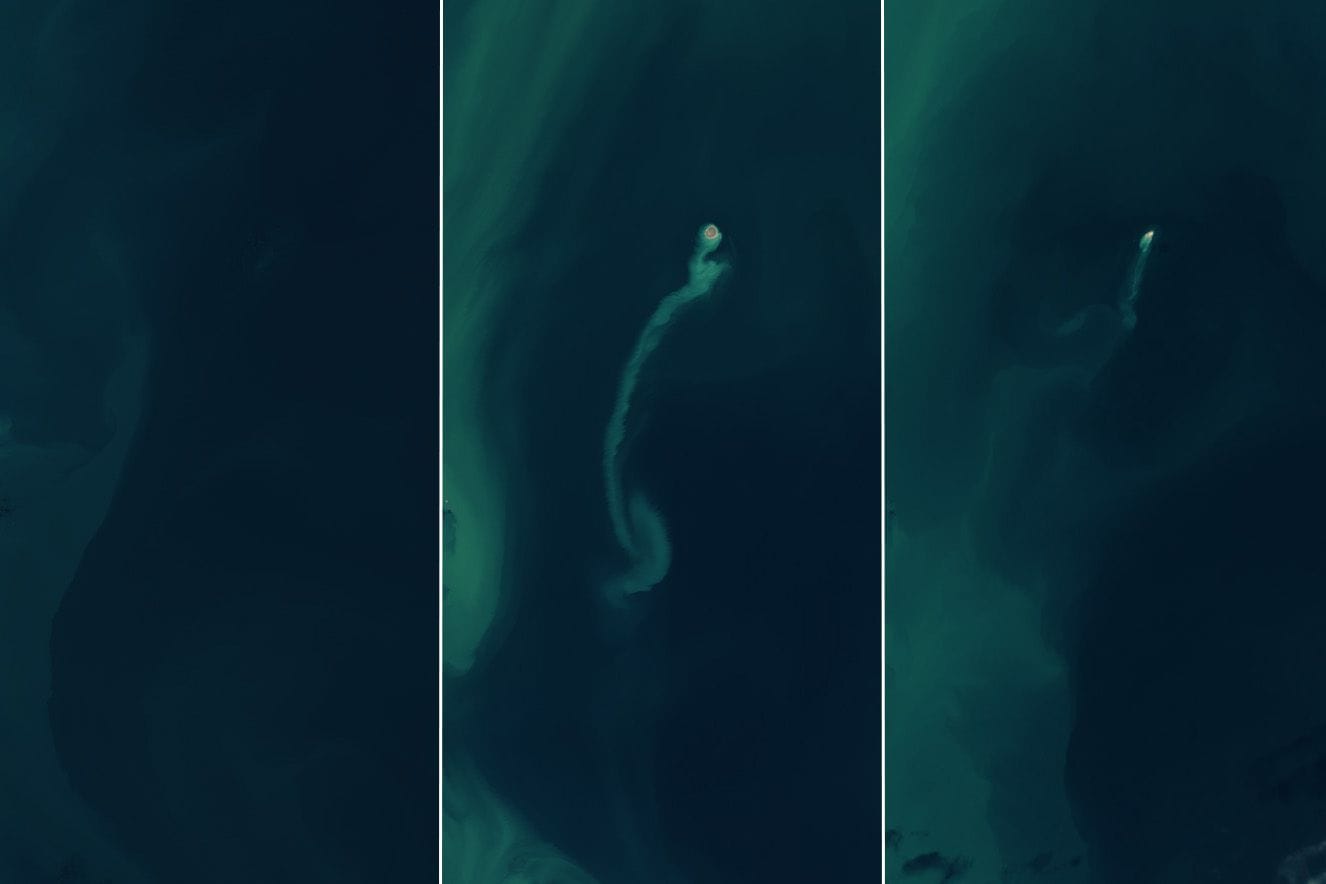 Das Leben einer "Geisterinsel": Satellitenaufnahmen von November 2022 (l.), 14. Februar 2023 (m.) und 25. Dezember 2024 (r. )