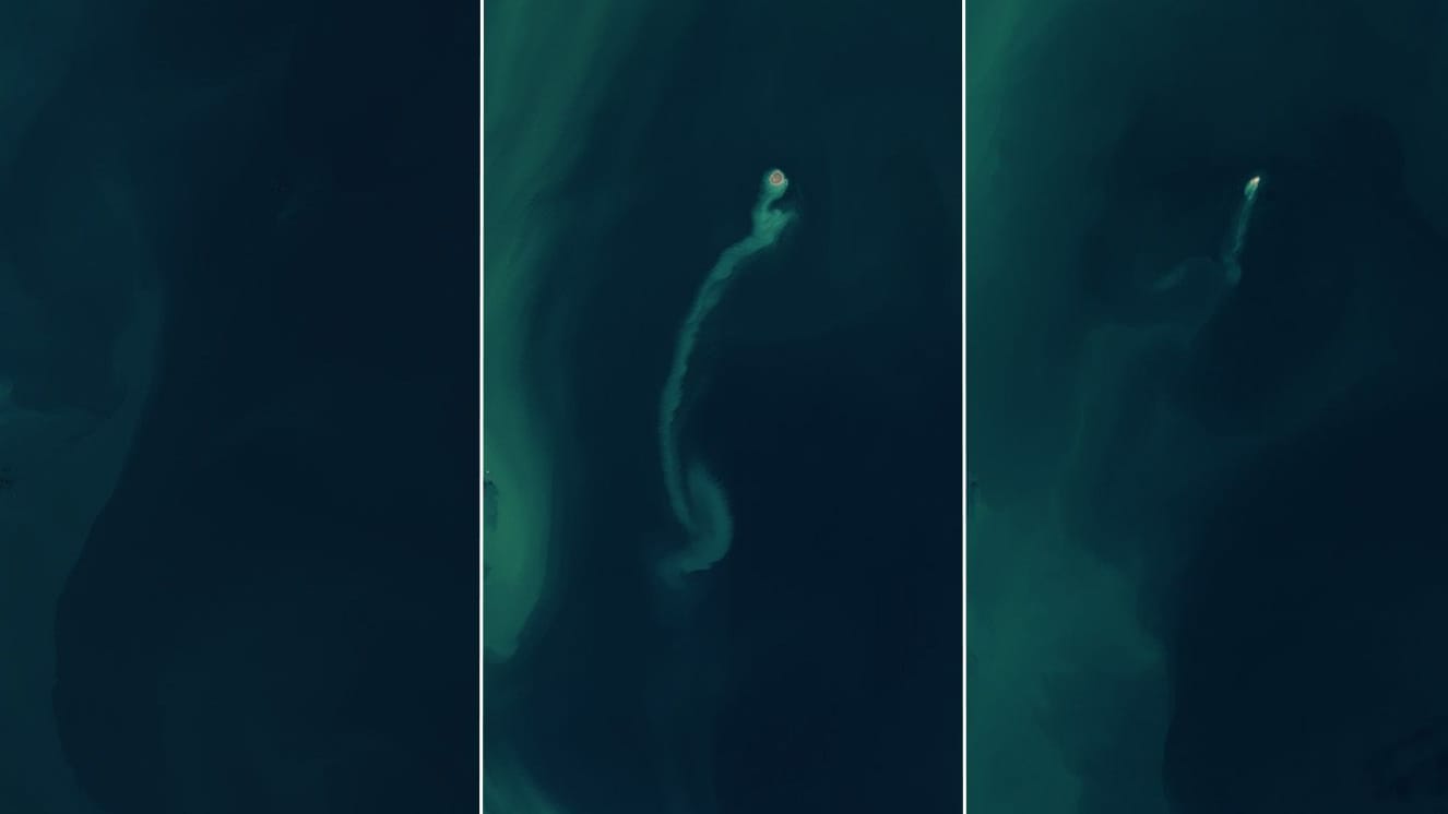 Das Leben einer "Geisterinsel": Satellitenaufnahmen von November 2022 (l.), 14. Februar 2023 (m.) und 25. Dezember 2024 (r. )