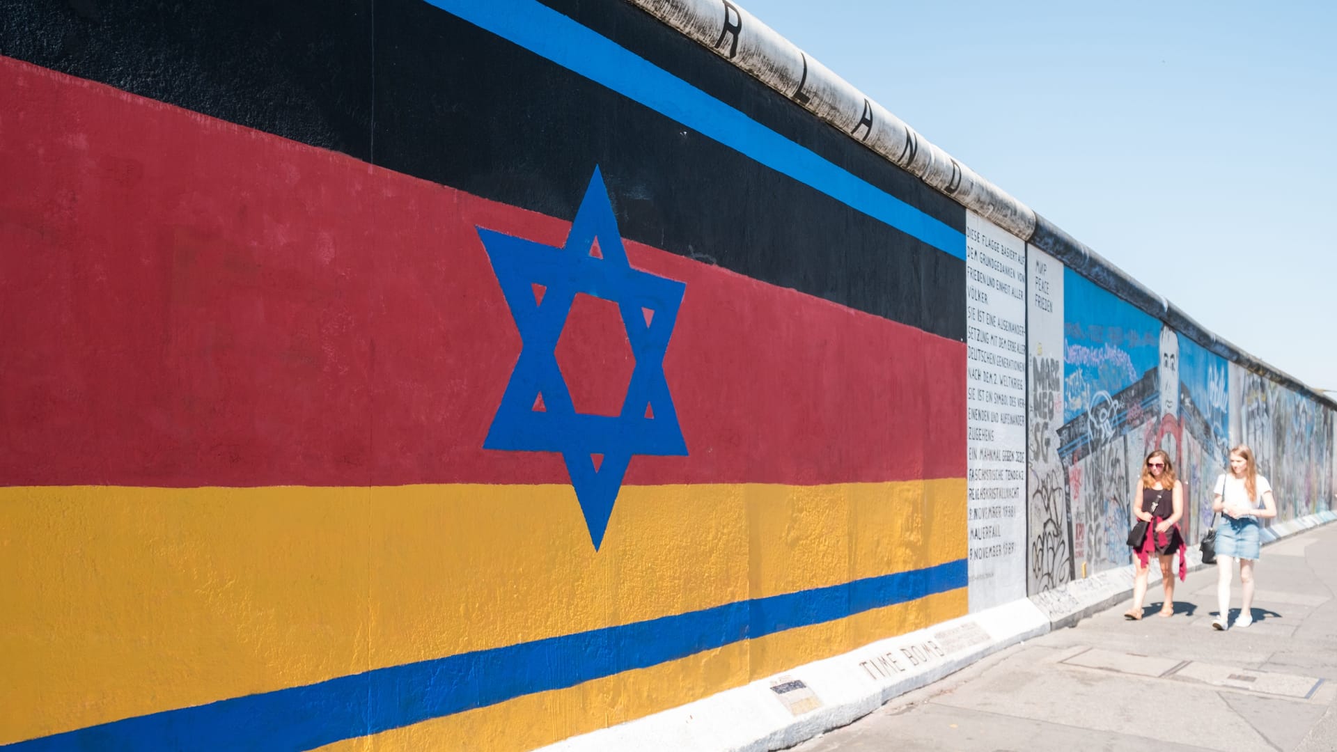 Berlin, Germany - july 2018: The Berlin Wall / East Side Gallery with painting combining the german and israeli flag ("Vaterland" by Günther Schäfer)