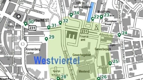 Lageplan des Blindgängerfundes und der Sperrstellen im Essener Westviertel am 30. Januar 2025.