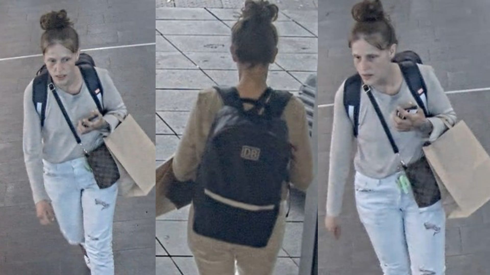 Mit diesen Bildern sucht die Bundespolizei eine unbekannte Frau: Sie soll im Mai in Essen einen Rucksack aus einem ICE gestohlen haben.