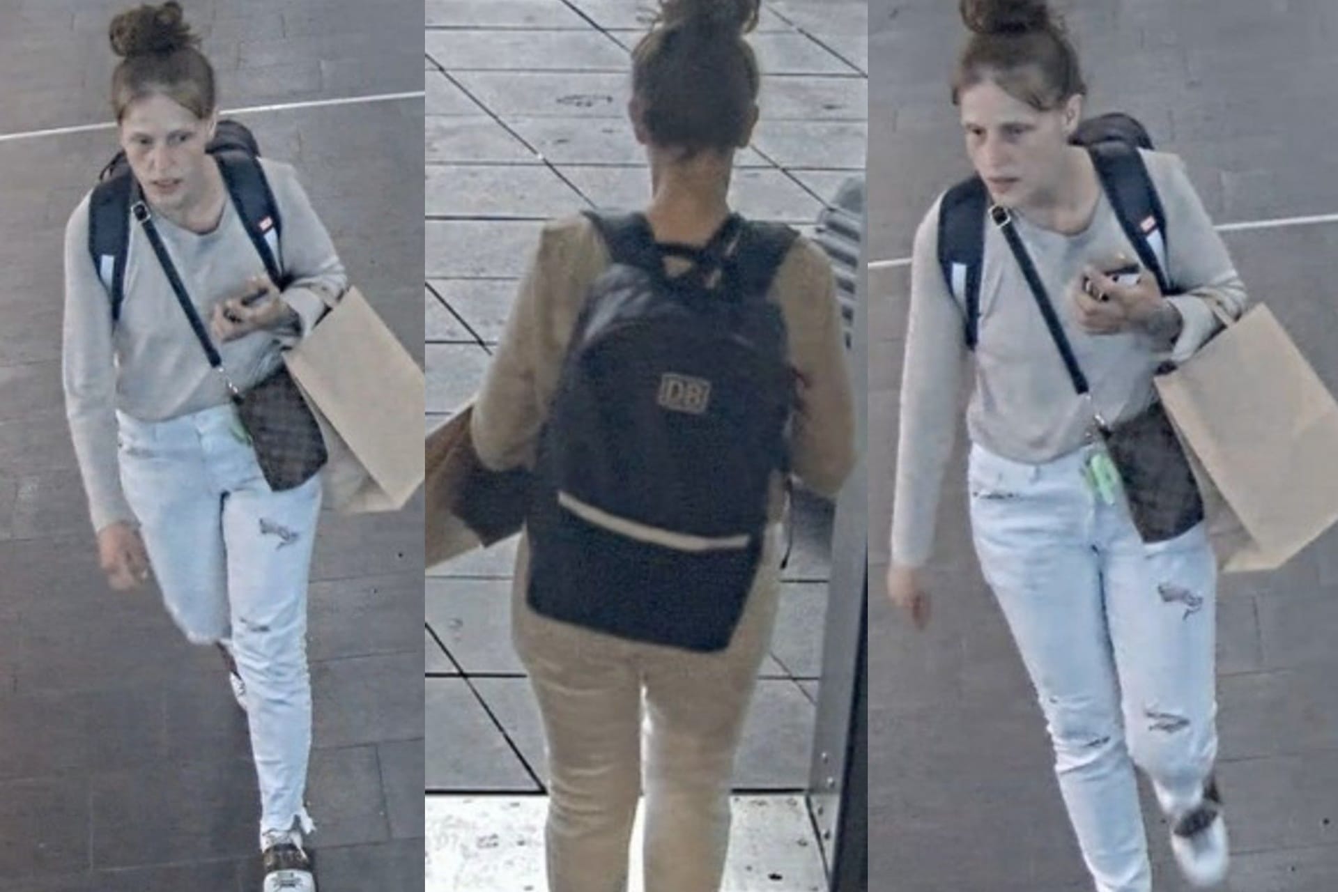 Mit diesen Bildern sucht die Bundespolizei eine unbekannte Frau: Sie soll im Mai in Essen einen Rucksack aus einem ICE gestohlen haben.