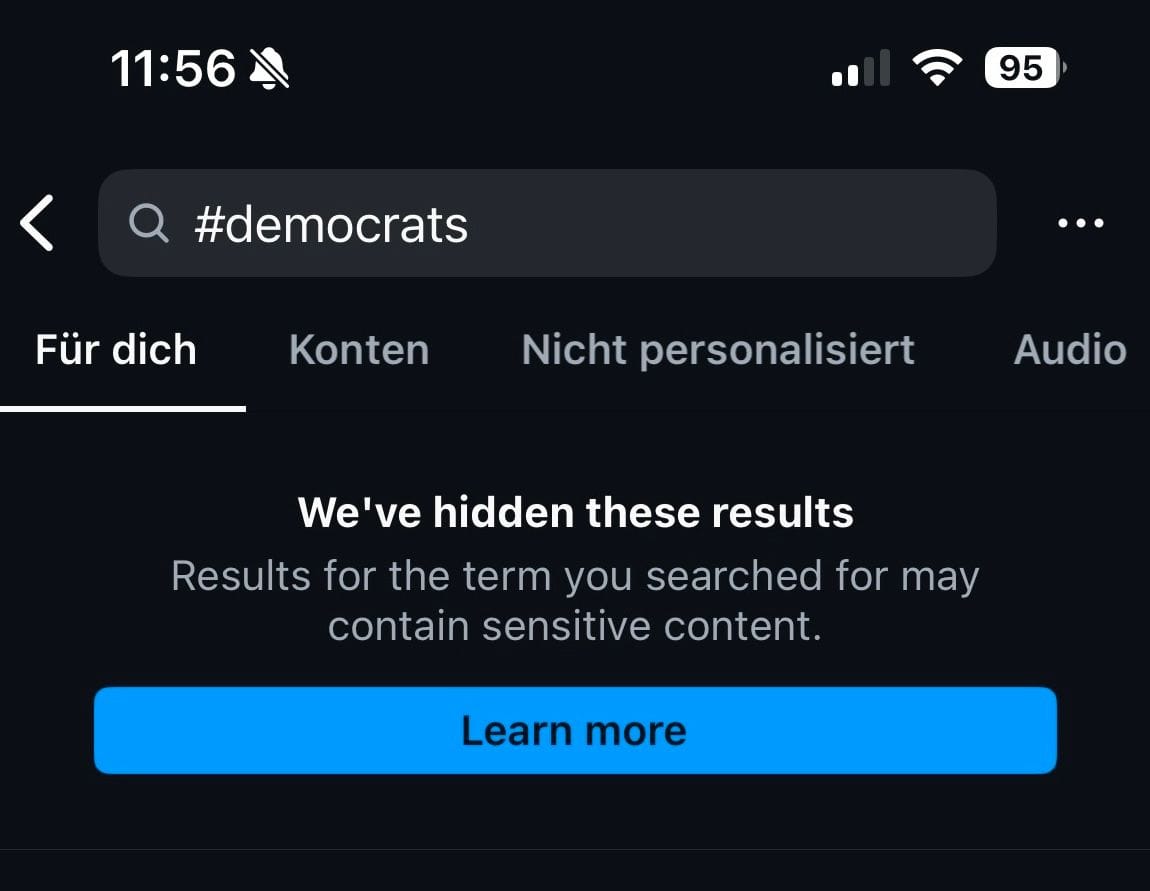 Dieser Hinweis wird Nutzern angezeigt, die nach dem Begriff "#democrats" suchen.
