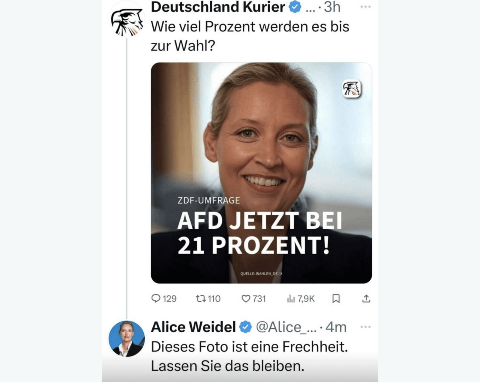 Unliebsames Bild: Alice Weidel beschwerte sich über das mit Künstlicher Intelligenz generierte Bild des AfD-nahen "Deutschland Kuriers".