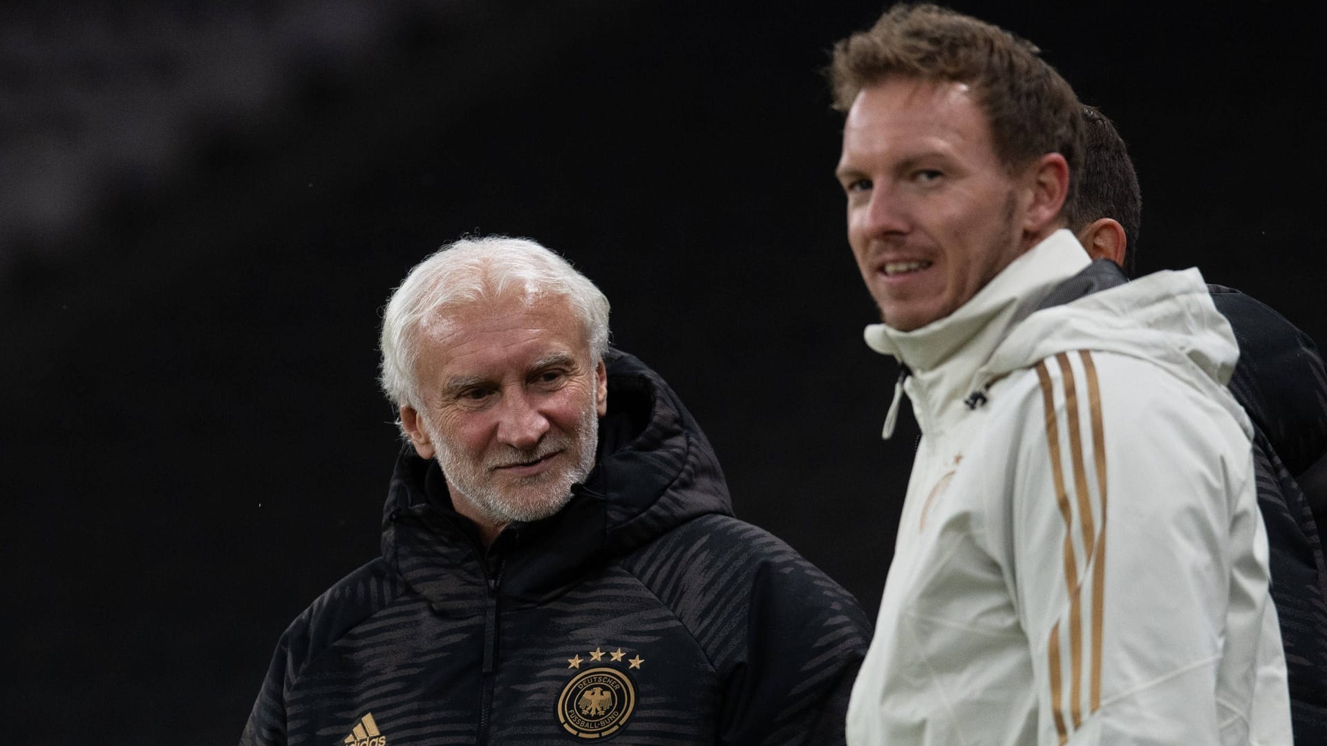 DFB-Sportdirektor Völler, Bundestrainer Nagelsmann (v. li.): Erfolgsduo bei der Nationalmannschaft.