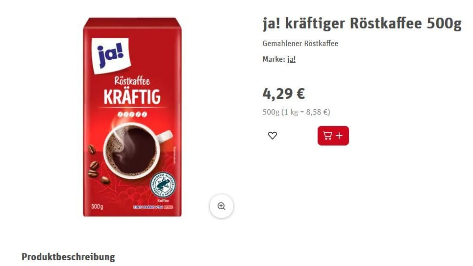 Rewe-Shop: Der ja!-Kaffee ist noch nicht teurer geworden. (Screenshot)