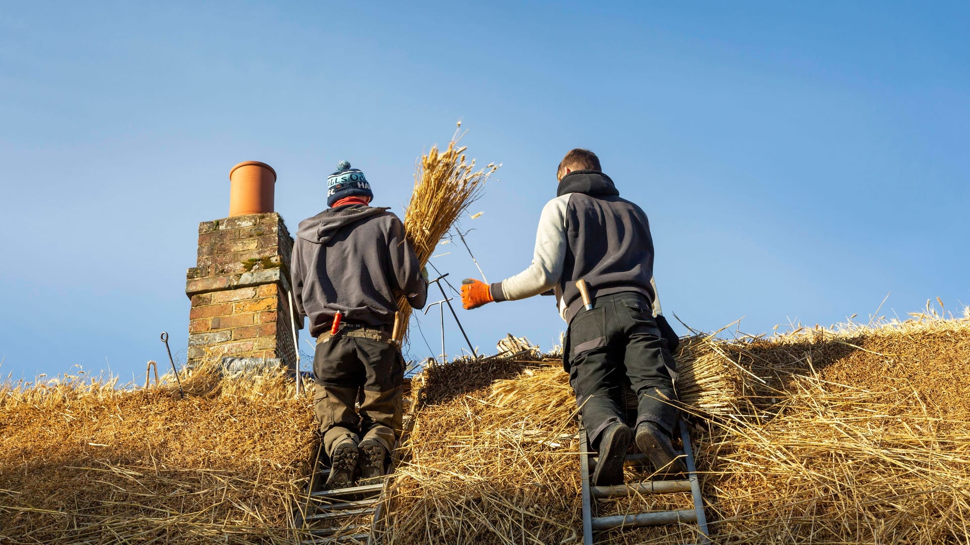 Kostenpunkt Dach: Dachdecker arbeiten am Dach eines reetgedeckten Hauses.