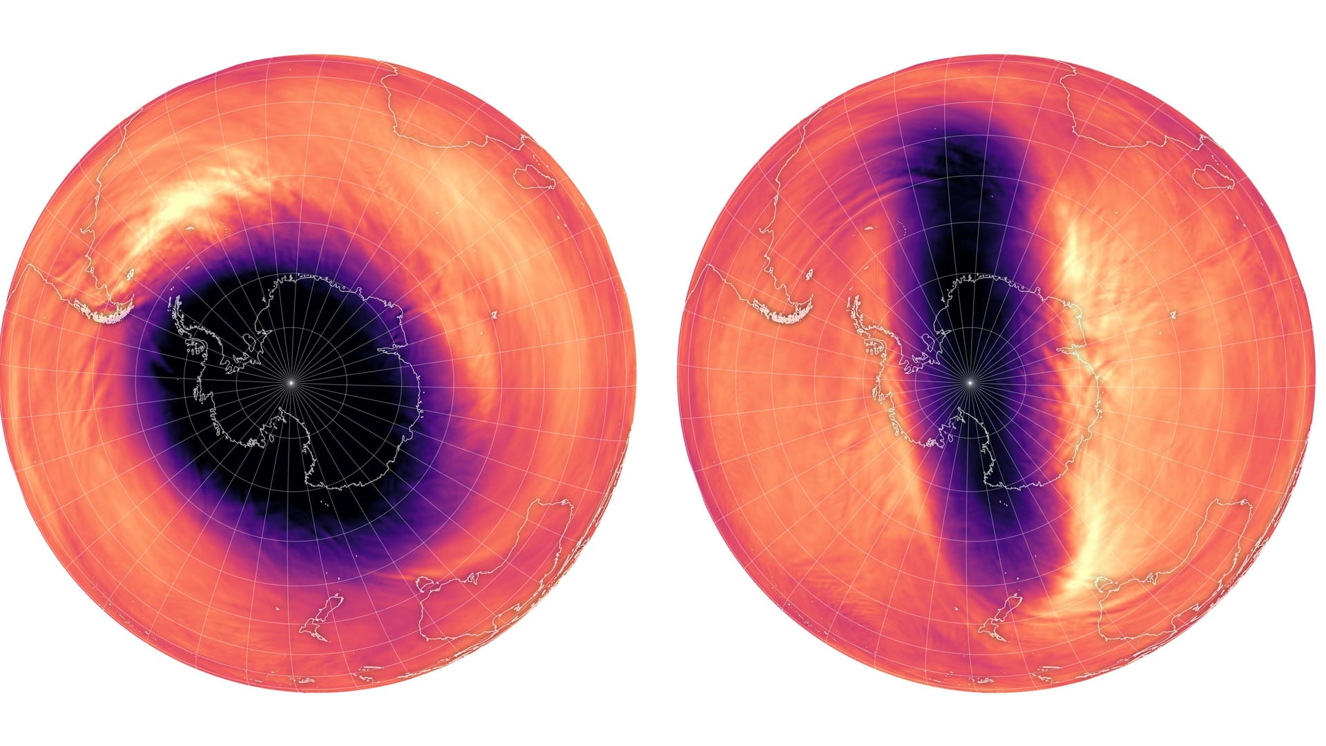 Ein Polarwirbel über der Antarktis: Links ist ein runder Polarwirbel zu sehen, rechts ein ausgedehnter oder kollabierter. 207862