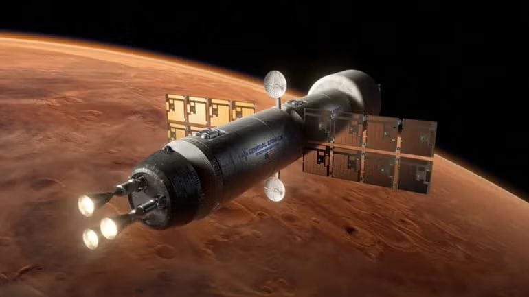 Künstlerische Darstellung eines Raumschiffs mit nuklearthermischem Antrieb, der Astronauten schneller zum Mars bringen soll, als es bislang möglich wäre.