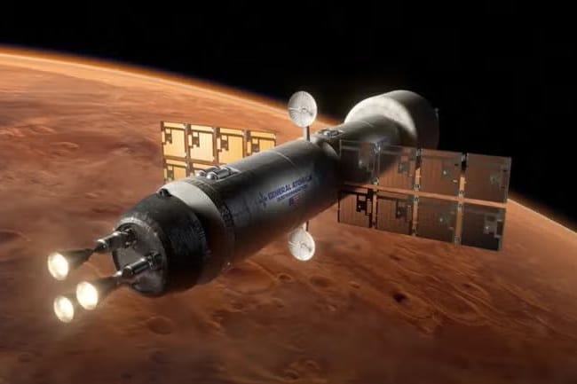 Künstlerische Darstellung eines Raumschiffs mit nuklearthermischem Antrieb, der Astronauten schneller zum Mars bringen soll, als es bislang möglich wäre.