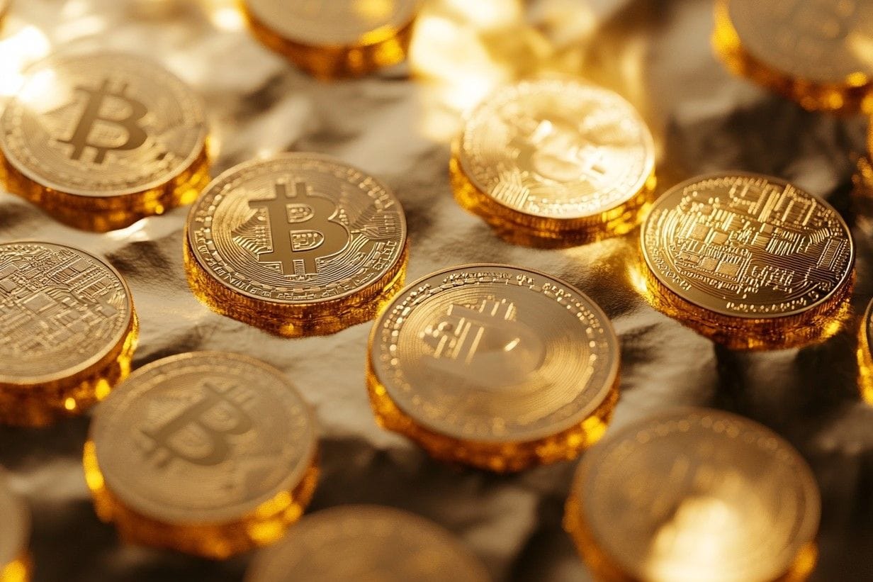 Bitcoin: Mehrere Bitcoin-Münzen liegen auf einer glänzenden Oberfläche