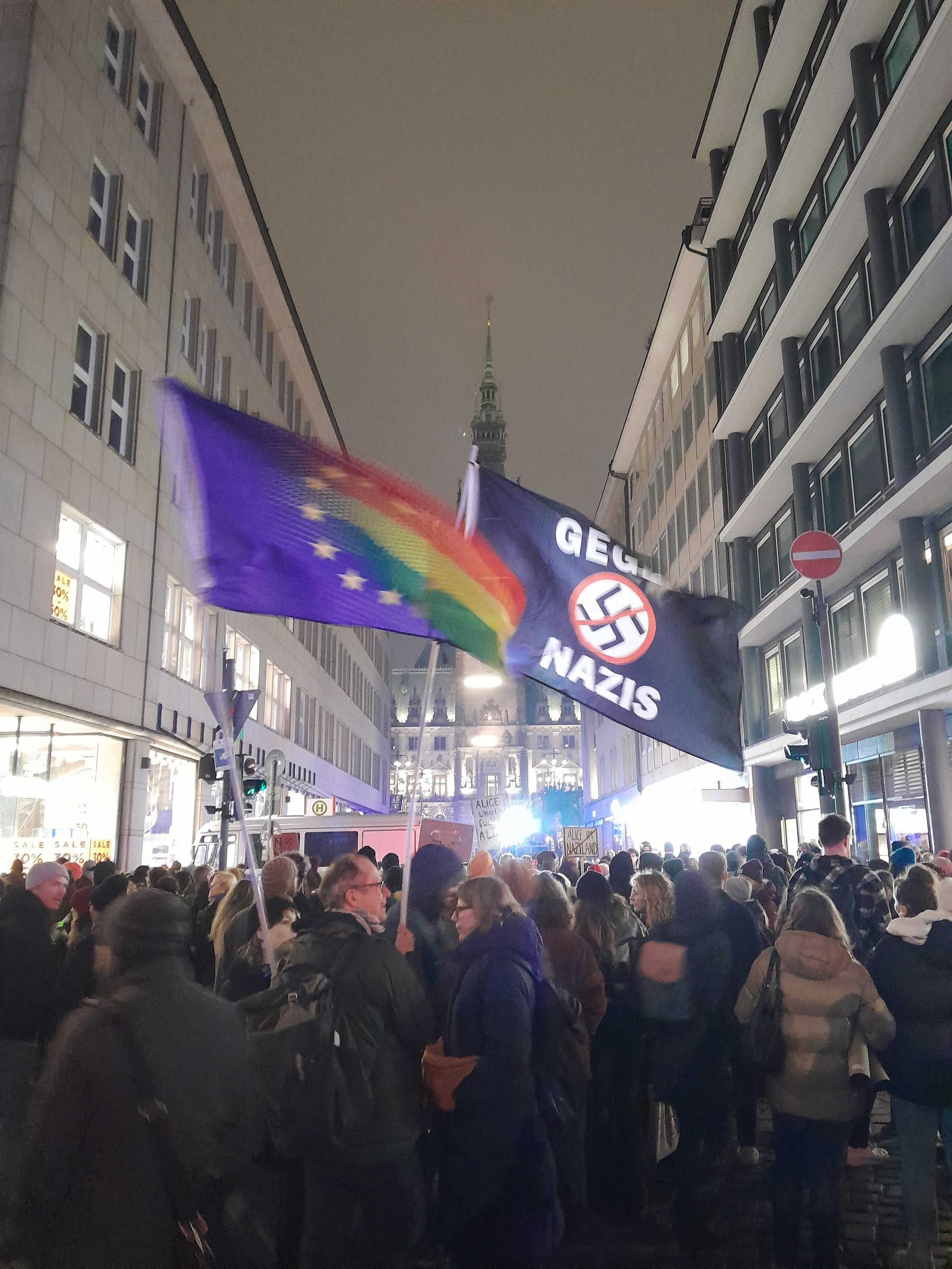 Demonstranten mit Fahnen am Rande des Bannkreises vor dem Hamburger Rathaus