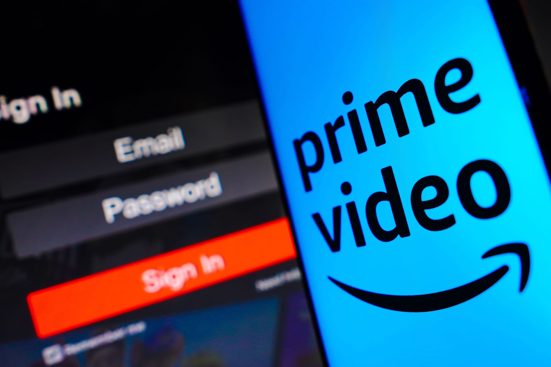 May 2, 2023, Brazil. In this photo illustration, the Amazon Prime Video logo is displayed on a smartphone screen, next to a login screen, with email, password and sign in.