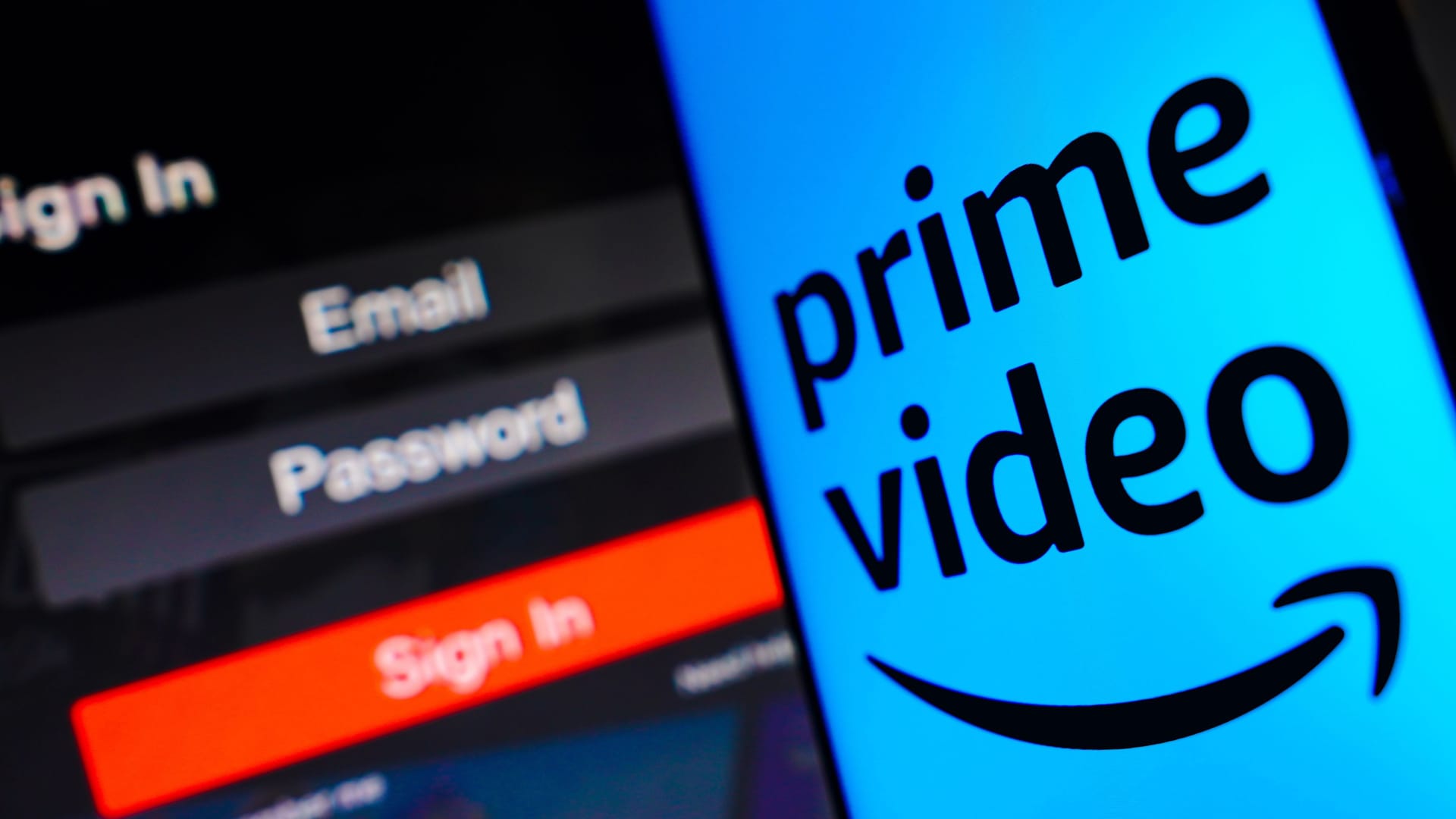 May 2, 2023, Brazil. In this photo illustration, the Amazon Prime Video logo is displayed on a smartphone screen, next to a login screen, with email, password and sign in.