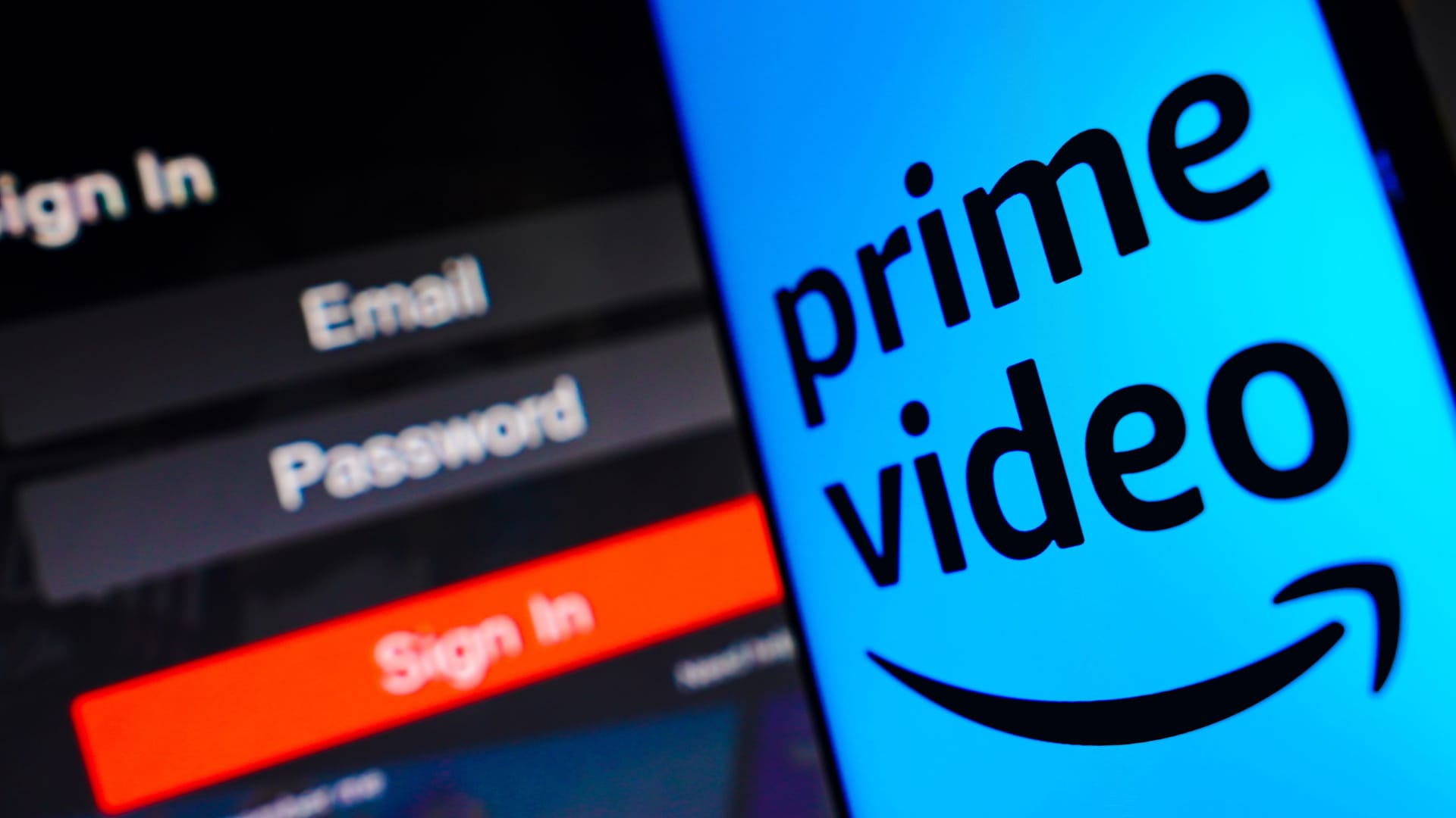 May 2, 2023, Brazil. In this photo illustration, the Amazon Prime Video logo is displayed on a smartphone screen, next to a login screen, with email, password and sign in.