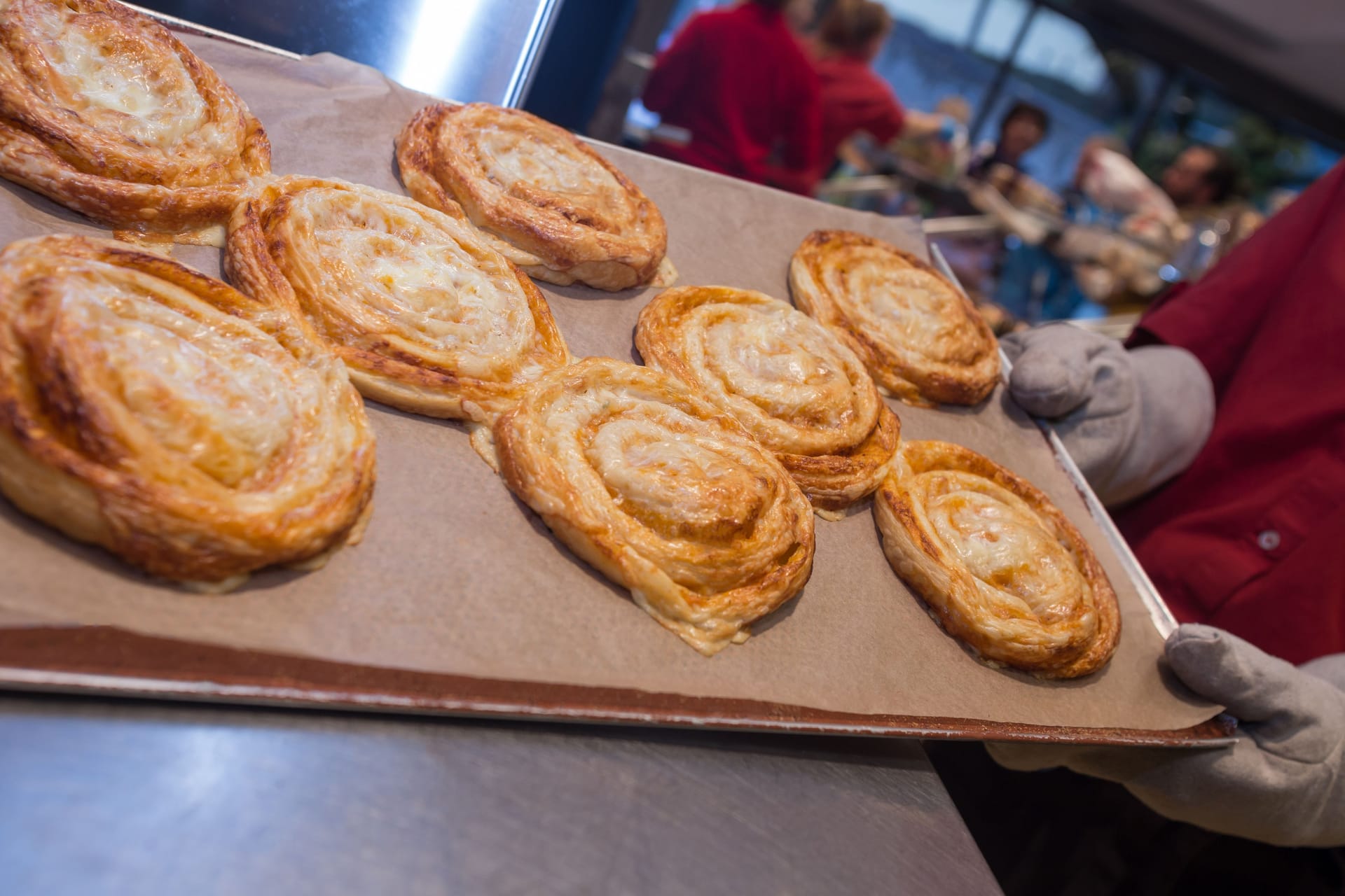 fresh pizza snacks in a bakery