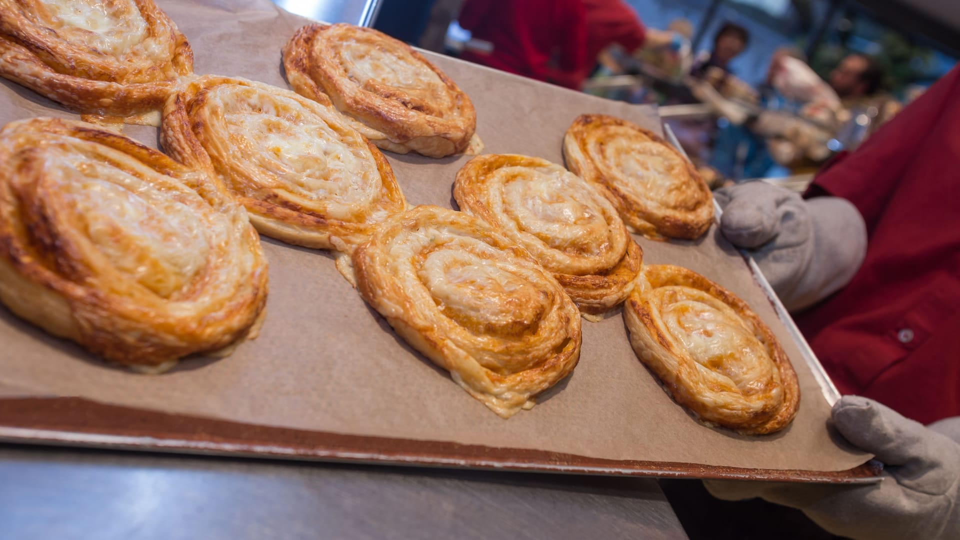 fresh pizza snacks in a bakery