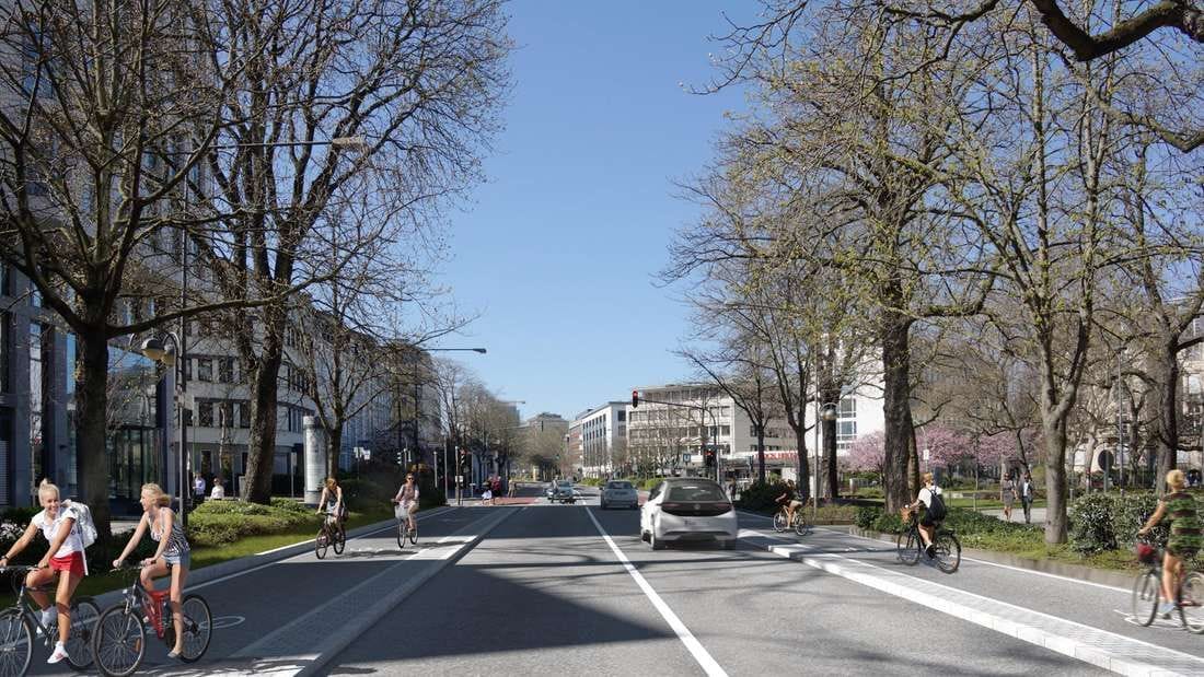 Entwurf des Umbaus der Bockenheimer Landstraße mit breiteren Fahrradwegen und zwei statt drei Spuren für Autofahrer.