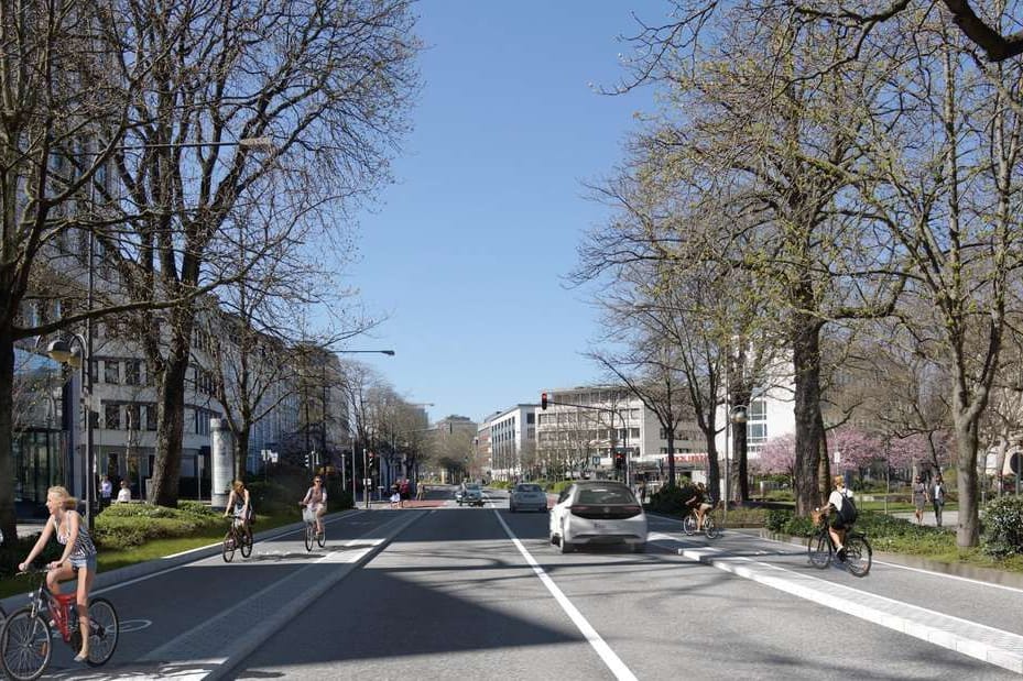 Entwurf des Umbaus der Bockenheimer Landstraße mit breiteren Fahrradwegen und zwei statt drei Spuren für Autofahrer.