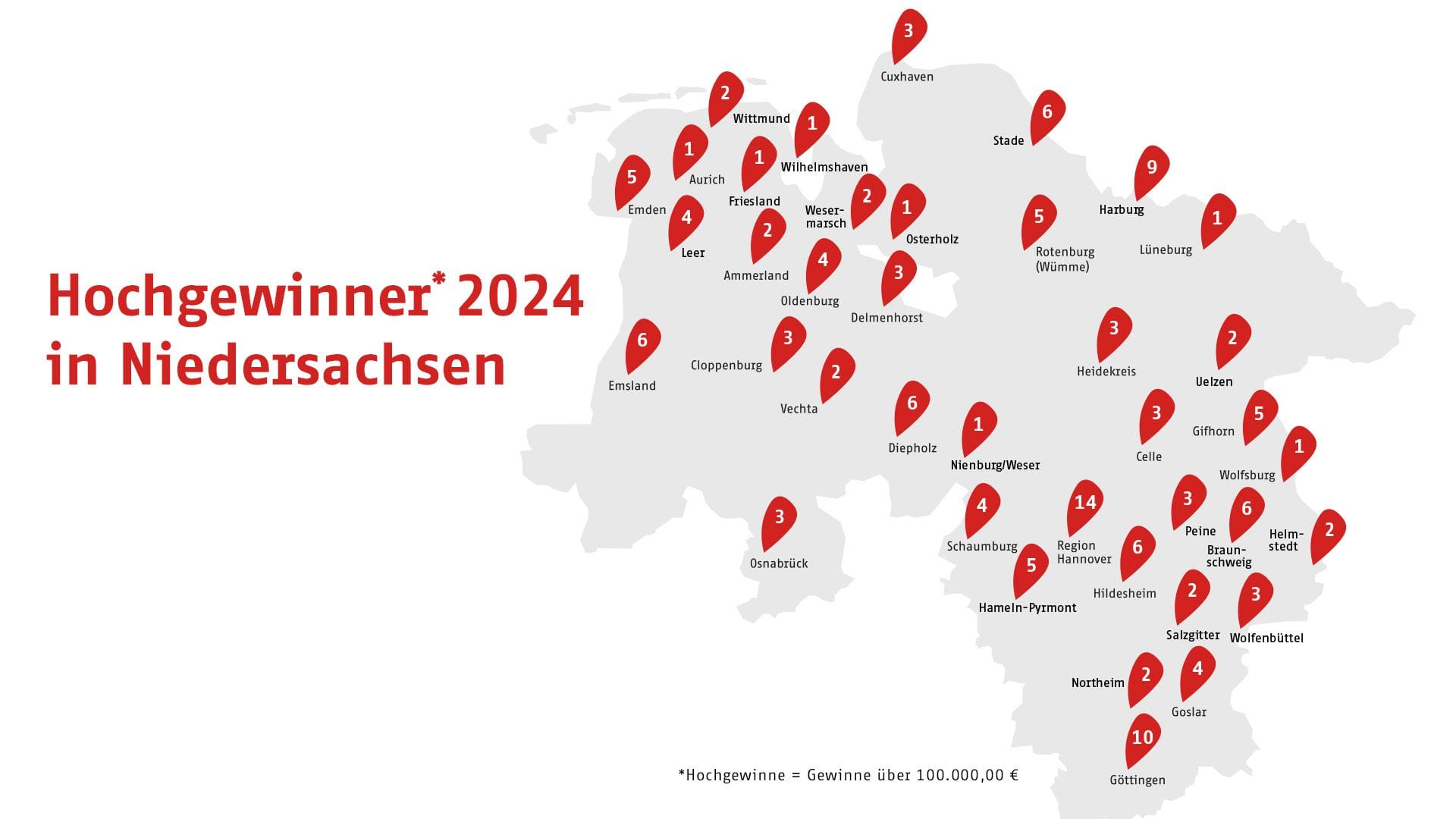 Hier kommen die Gewinner her, die 2024 mindestens 100.000 Euro bei Lotto 6aus49, Eurojackpot und Co. abräumten.