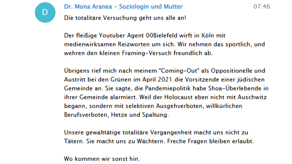 Aranea vergleicht auf ihrem Telegram-Kanal die Pandemie mit dem Holocaust.