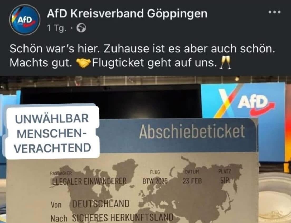 Gelöscht: Aus der AfD hatte der Kreisverband im baden-württembergischen Göppingen als erstes zu dem Ticket gepostet, den Beitrag aber gelöscht. Jetzt kursiert noch ein Screenshot von AfD-Gegnern mit Zusatz,