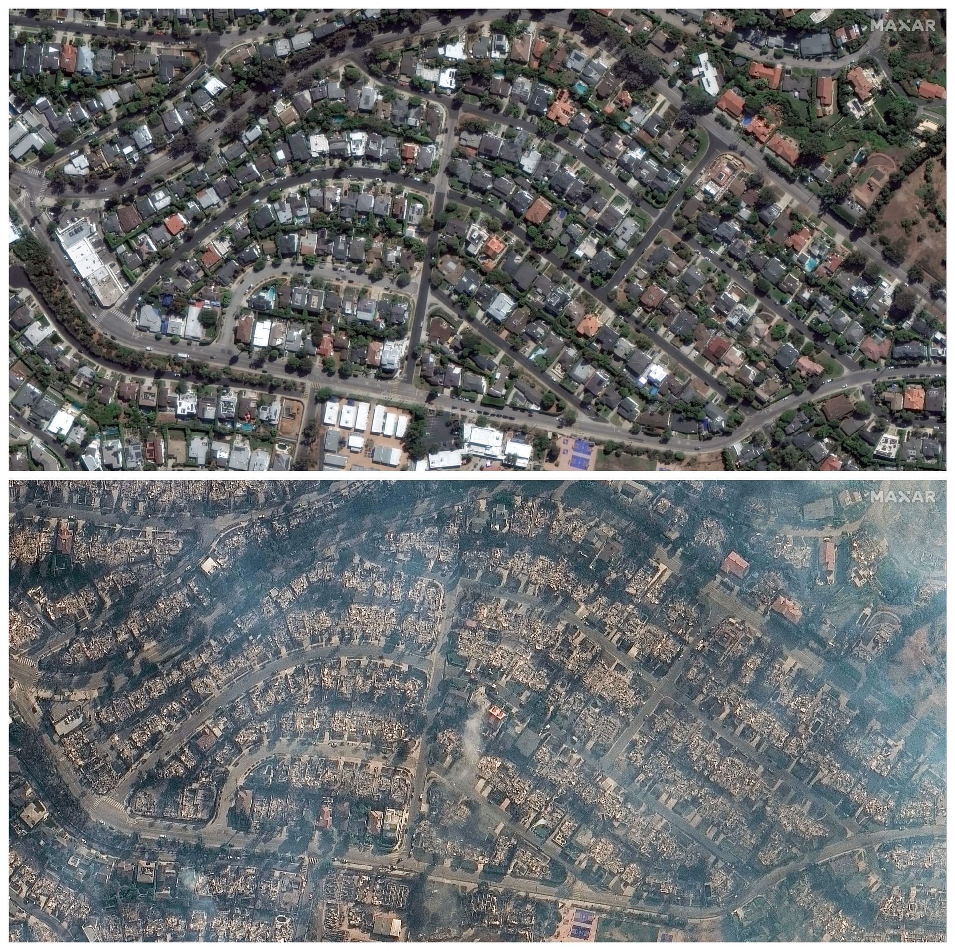 Straßenzüge in Pacific Palisades: Zahlreiche Häuser sind nur noch Schutt und Asche.