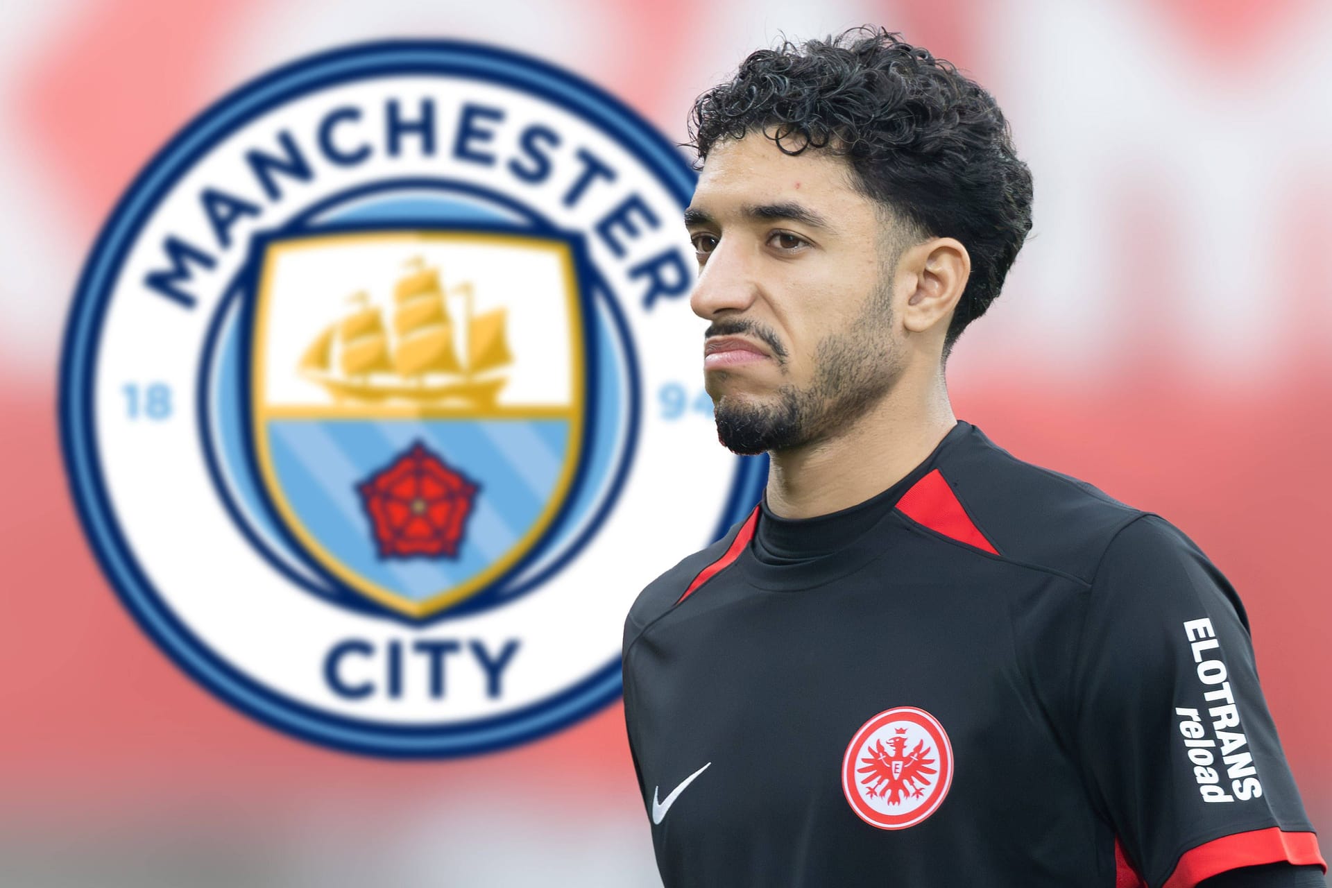 Omar Marmoush vor dem Logo von Manchester City. (Montage)