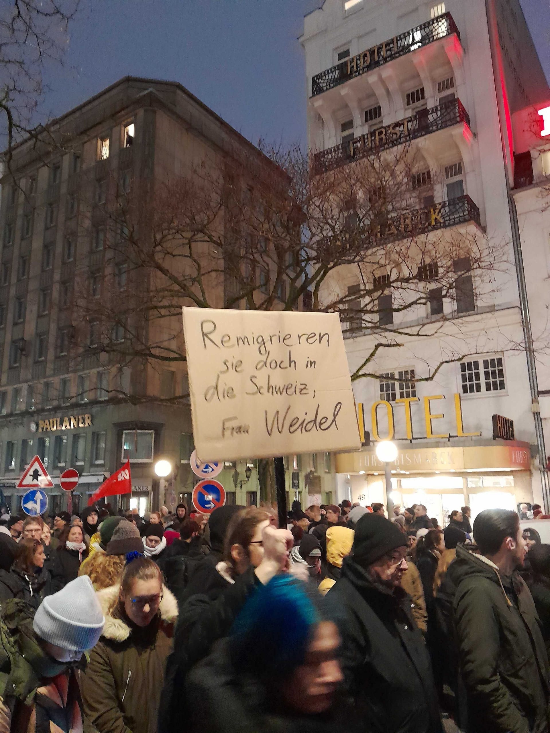 Demonstrant mit Plakat auf der Mönckebergstraße