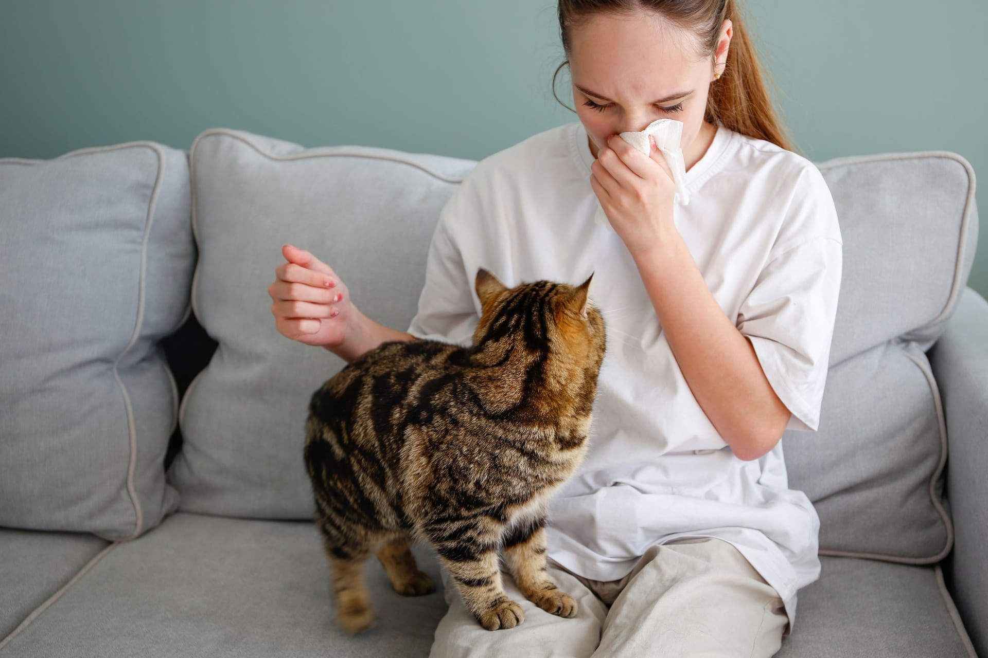 Frau mit Katze putzt sich die Nase