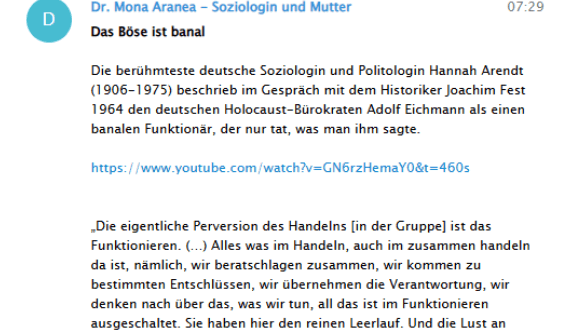 Aranea bemüht Hannah Arendt, um Menschen, die die Corona-Regeln befolgen mit dem "Holocaust-Bürokraten Adolf Eichmann" zu vergleichen.