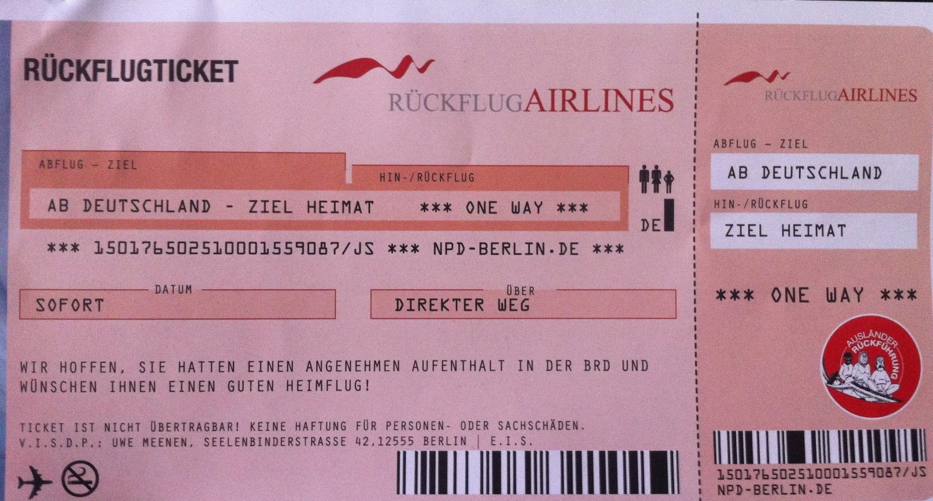 "Rückflugticket": Dieses Machwerk verteilte die NPD bereits 2011 und schickte es 2013 auch an Politiker mit Migrationshintergrund.