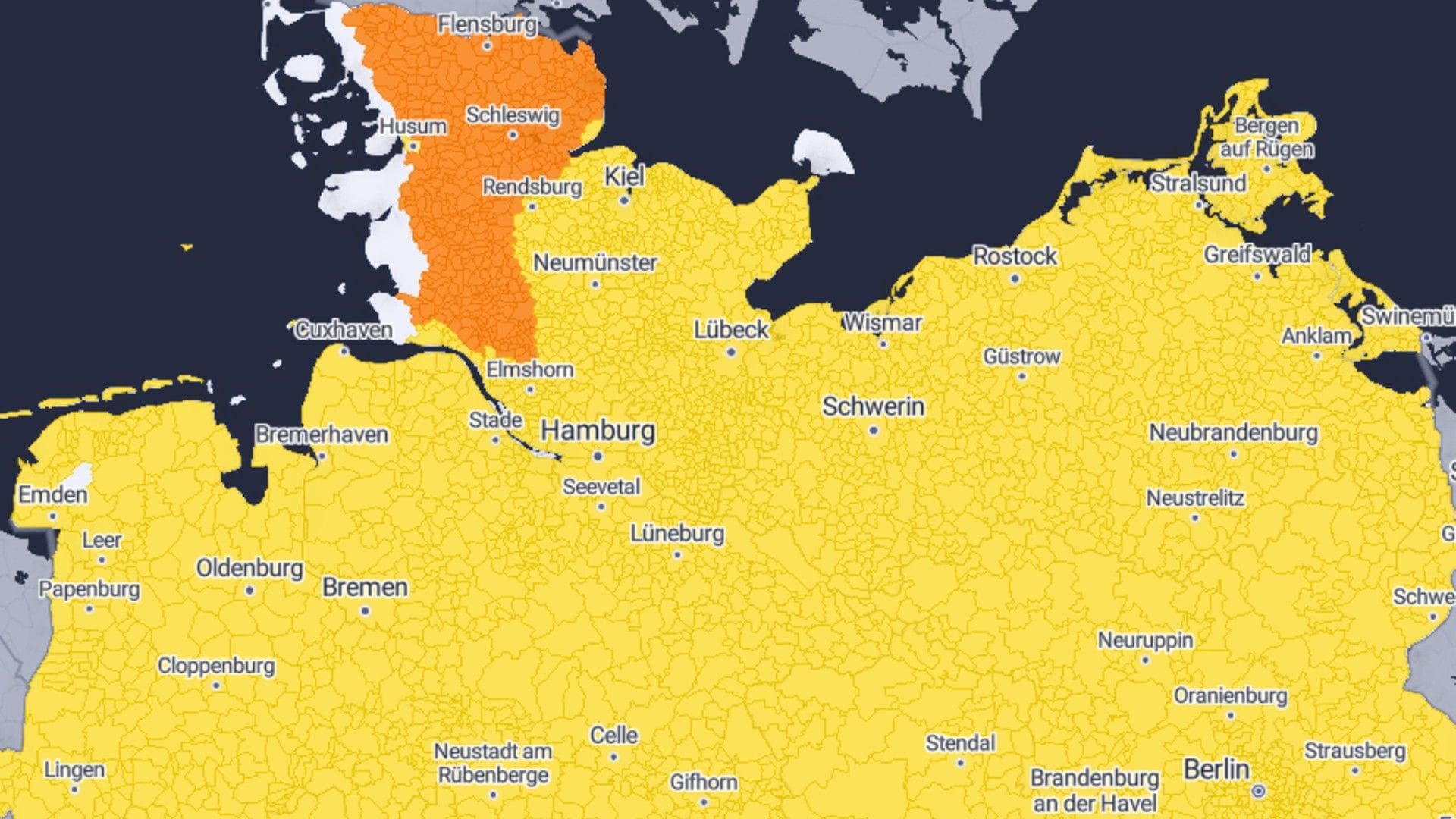 Die Warnkarte am Freitagmorgen: Ganz im Norden besteht erhöhte Gefahr.