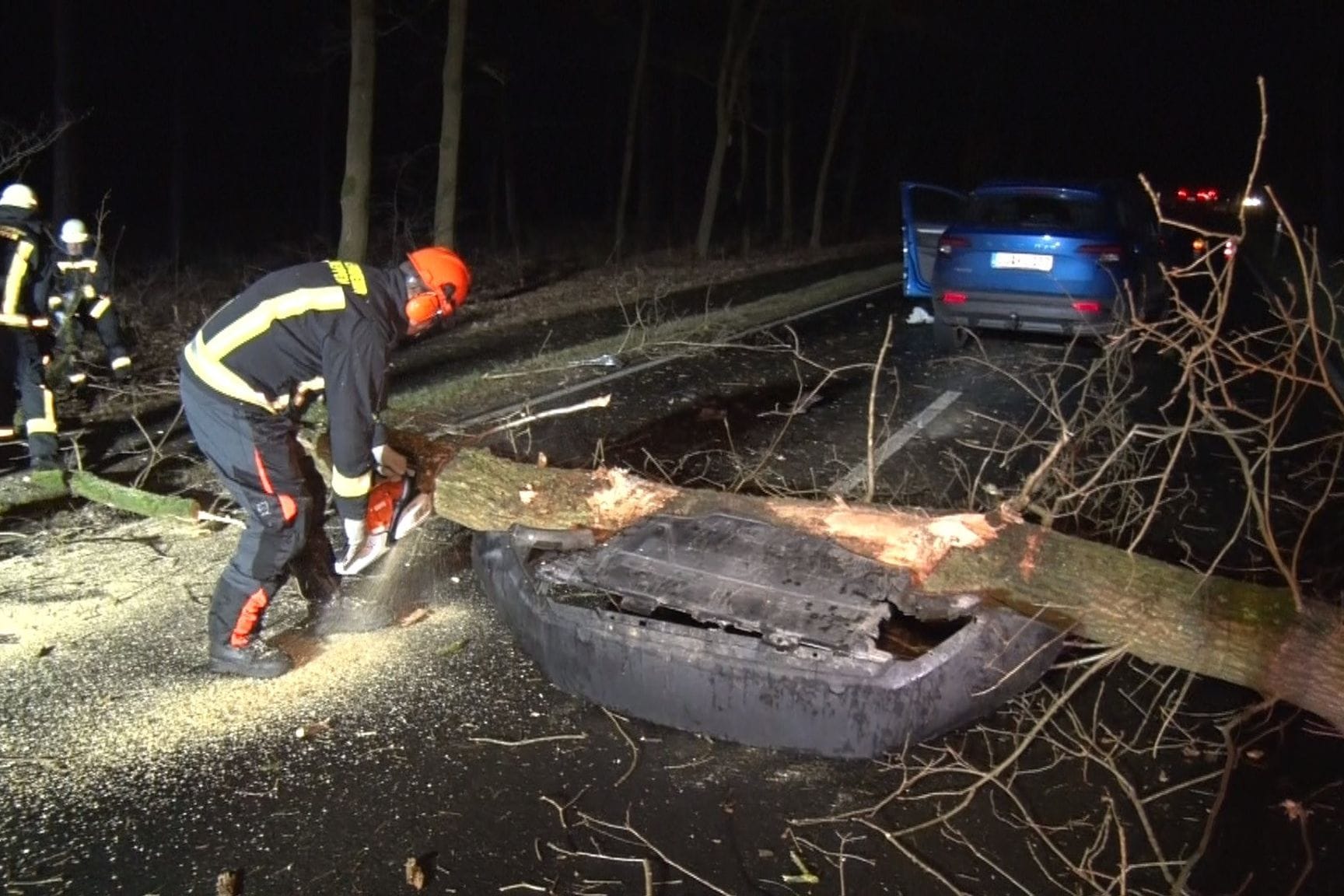 Ein Baum stürzte in Meppen (Landkreis Emsland) auf die Straße und eine Autofahrerin fuhr mit ihrem Wagen dagegen. Die 60-Jährige wurde bei dem Unfall leicht verletzt.