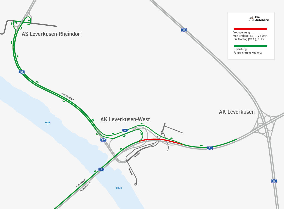 Die Umleitung in Fahrtrichtung Koblenz.