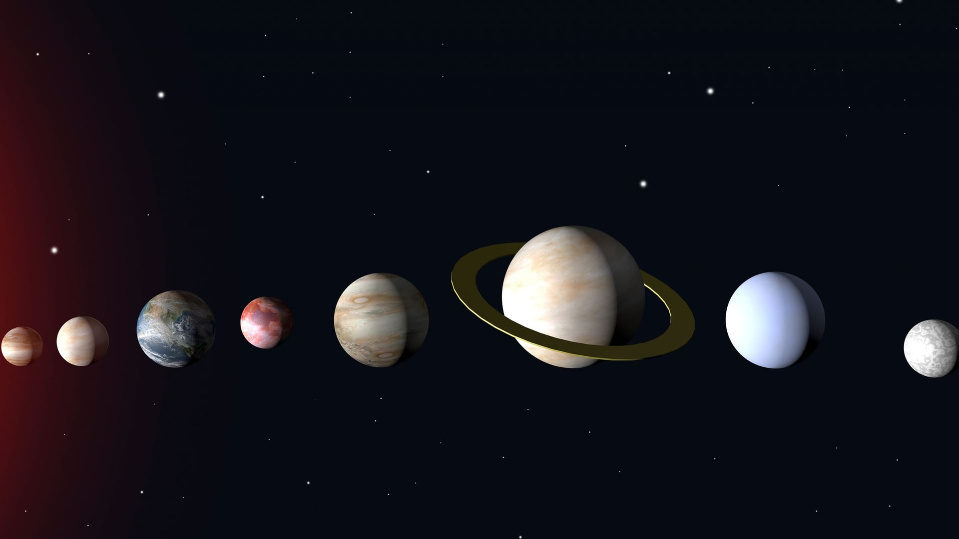 Solar system of planets in space 3d. The sun, Earth, Mars, Jupiter and other space objects against the background of the black starry space of the universe. Astranomy, education, science concept.