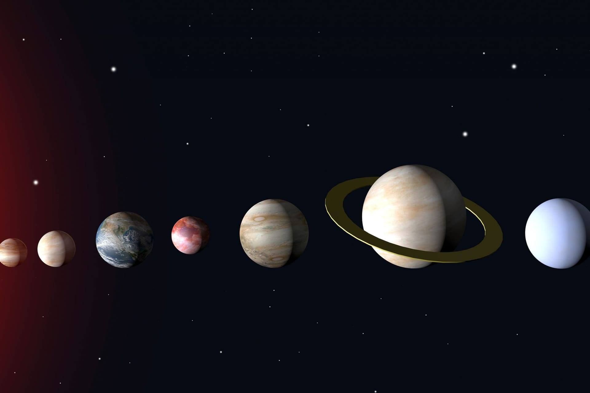 Solar system of planets in space 3d. The sun, Earth, Mars, Jupiter and other space objects against the background of the black starry space of the universe. Astranomy, education, science concept.