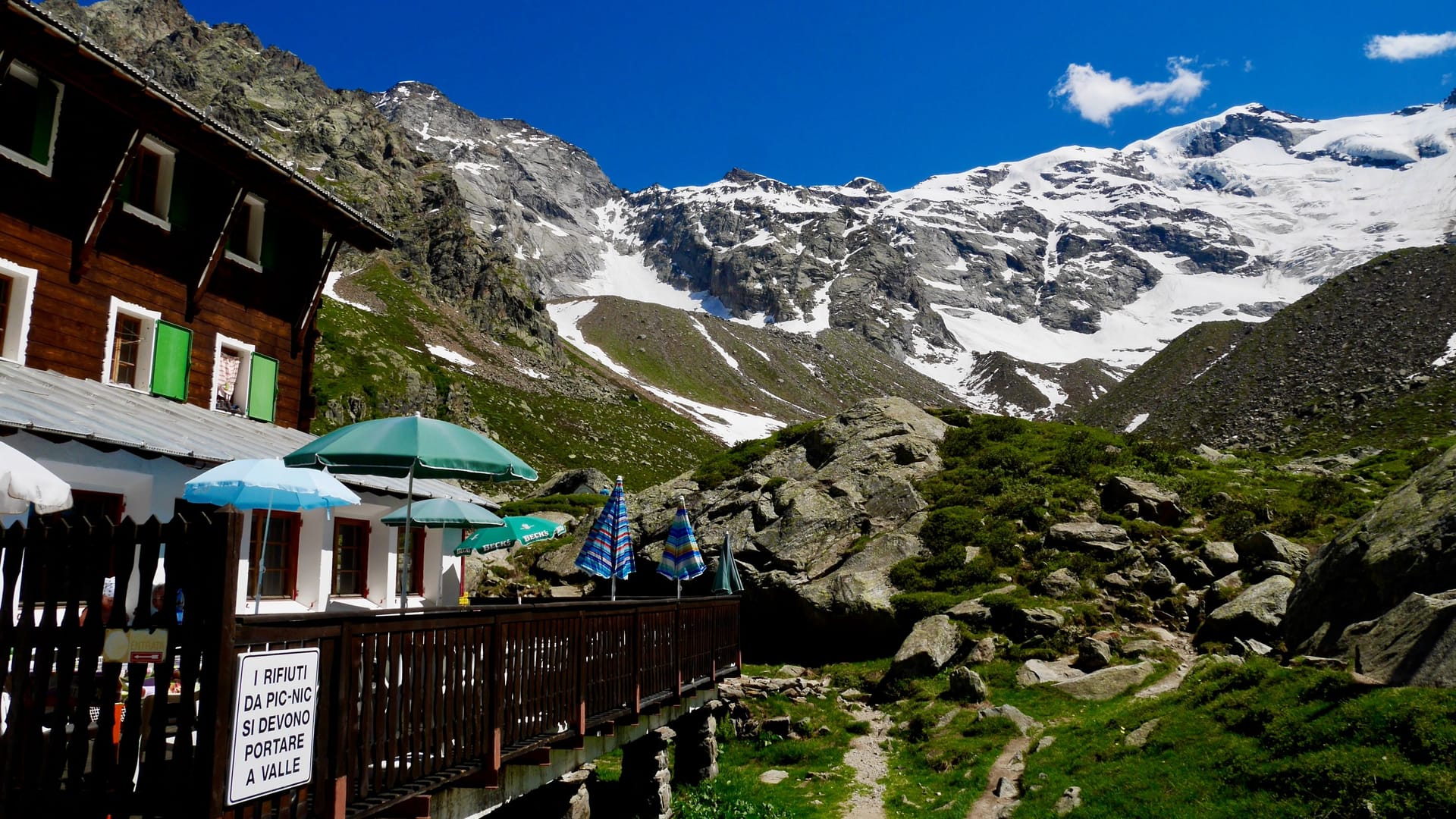 Zamboni Zappa Rifugio in Macugnaga at the foot of snowy Monte Rosa, Piedmont, Italy.