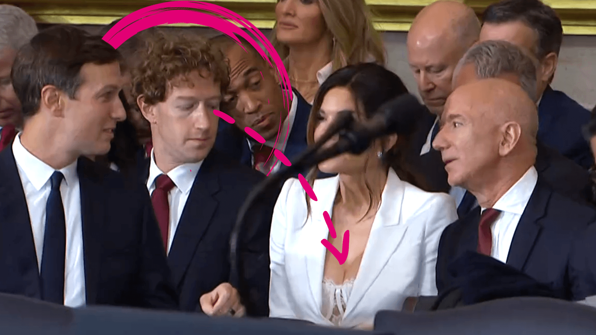 Mark Zuckerberg schaut Lauren Sanchez auf die Brüste.