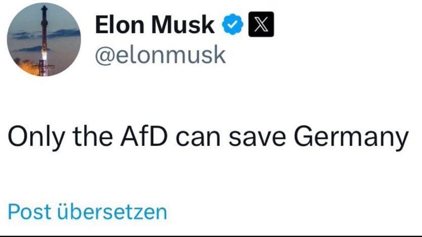 Mit diesem Post begann Elon Musk, sich aktiv in den Bundestagswahlkampf einzuschalten.